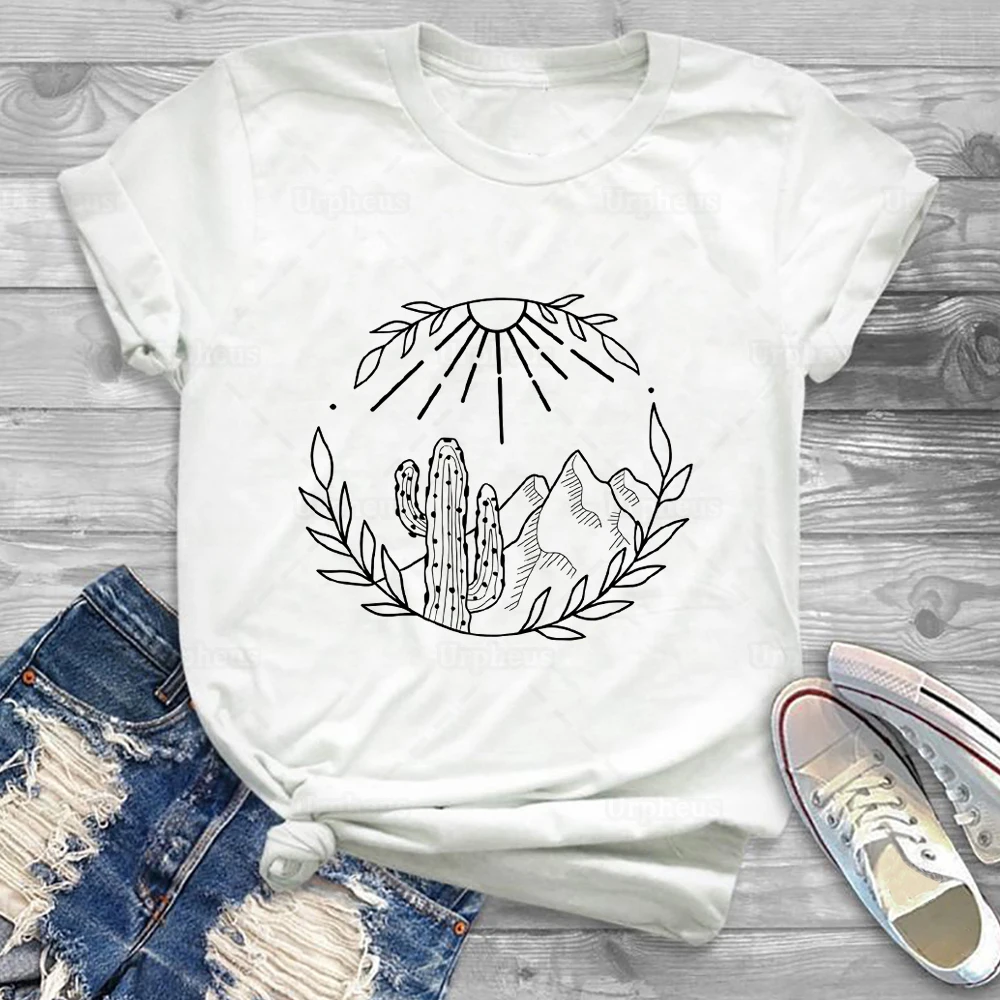 

100% Cotton Desert Scene Cactus Shirt Mountain Scene Plant Graphic Tee Tumblr Fashion Cute Tshirt Gift for Her