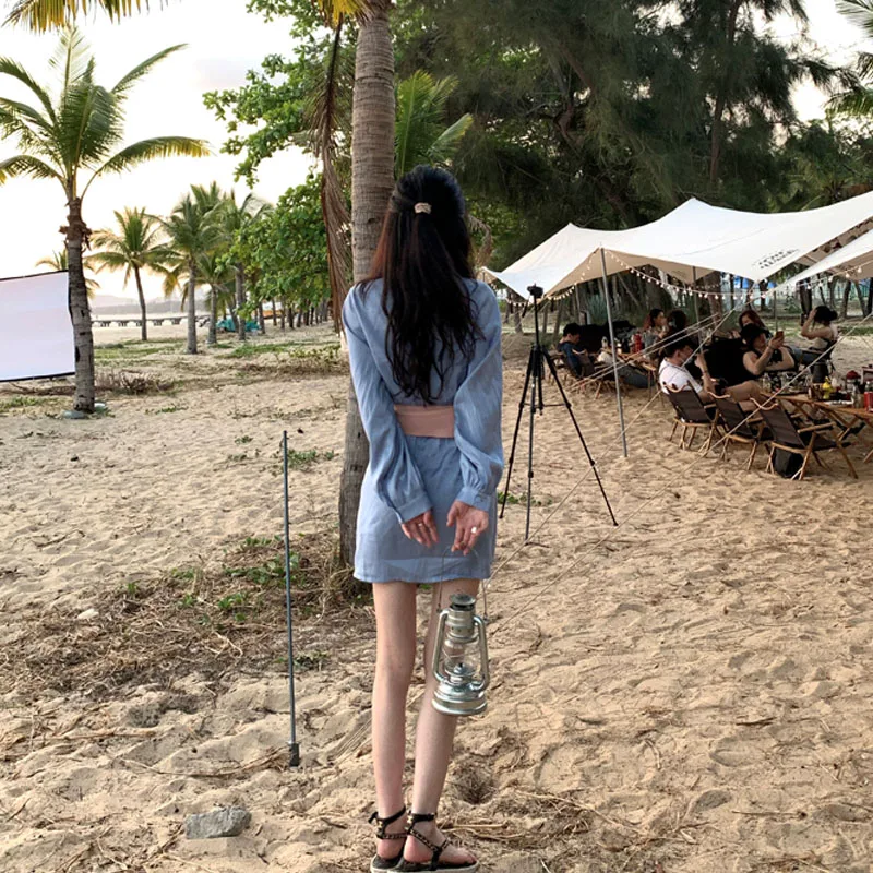 

Sexy Blue Lace-Up Long Sleeve Cotton Dress Lantern Sleeve Button Summer Woman Shirt Dress Casual Loose Short Beach Lady Dresses