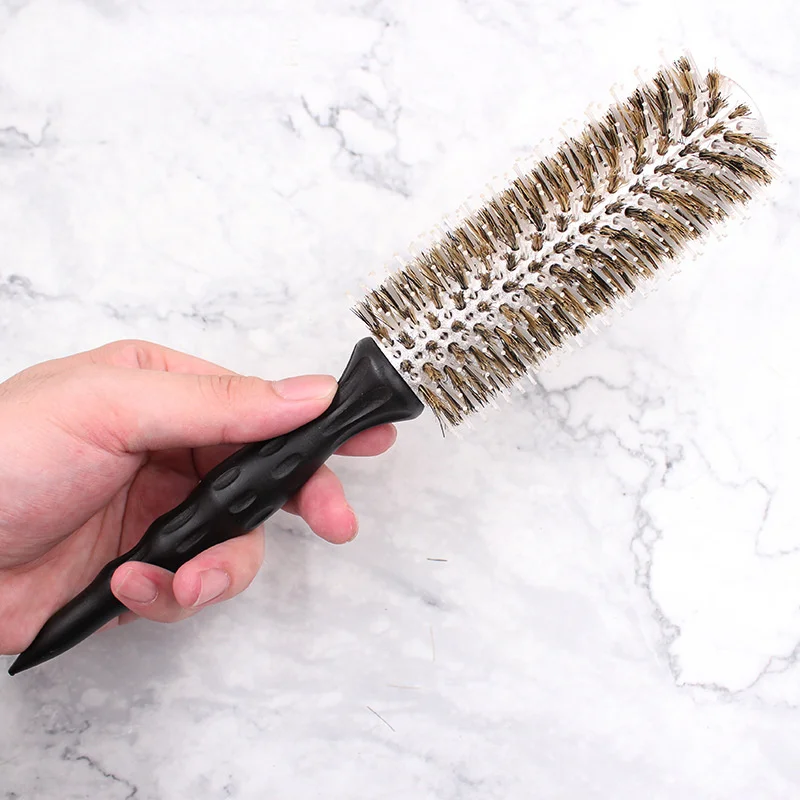 IRUI 1pc Natural Boar Bristle Round Brush Groove Design Handle Hair Rolling Brush For Hair Drying Styling