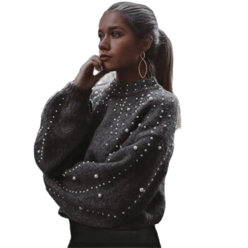 

Женский свитер, Модный женский зимний свободный свитер, новинка 2021, женский короткий вязаный свитер с круглым вырезом и декоративными жемчу...