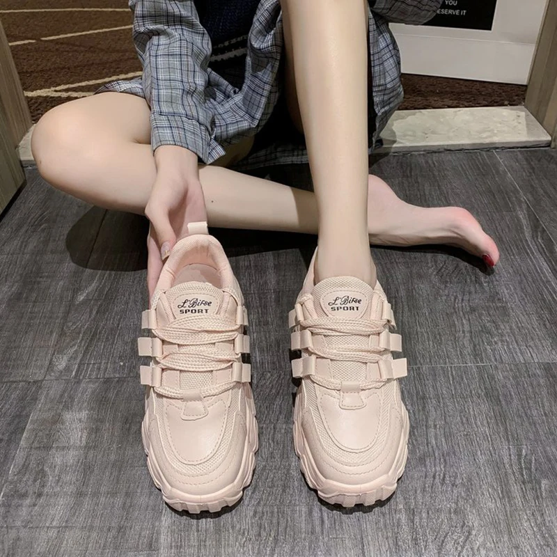

Fashion Lace Up Chunky Sneakers Women Breathable Mesh Thick Sole Platform Sneakers Woman Running Casual Shoes 2021 Spring