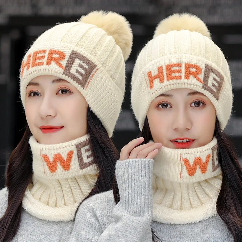 

Warm Knitted Woolen Hat Ladies Fall and Winter All-Match Warmth and Cashmere Biking Two-Piece Set
