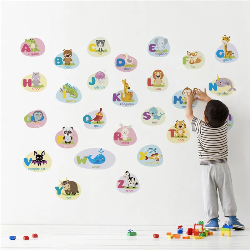 

Cartoon Animal English Alphabet Wall Stickers For Kindergarten Kis Room Home Decor Nursey Wall Decals Diy Safari Mural Art