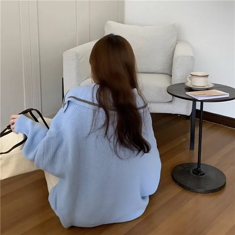 

Preppy Style Tops Sweaters Autumn Winter Navy Collar Long Sleeve Loose-Fit College Style Short Sweater Pullovers Womens Sweaters