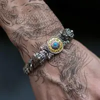 

Sterling Silver Handmade S925 Silver Bracelet Double Pixiu Nine Palace Wheel Bracelet Retro Men and Women Couple Personalized Br