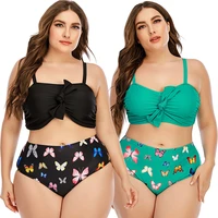2021 women plus size swimsuit two pieces butterfly printed bikini set high waisted triangle swimwear bottom big female bathsuit