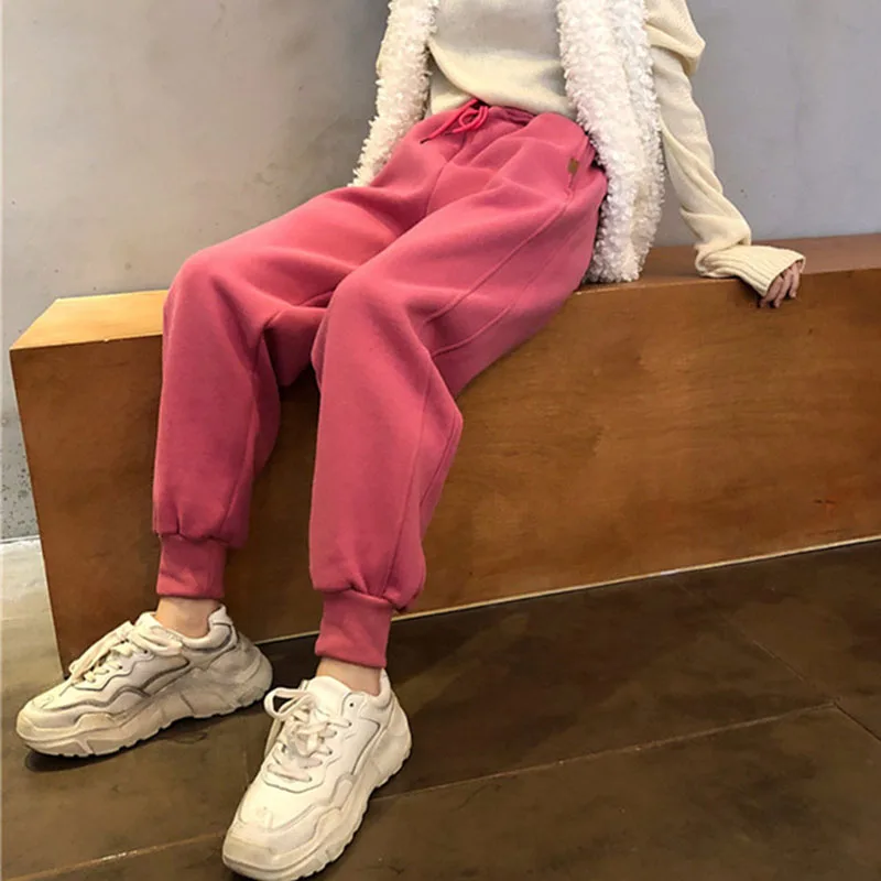 

SVOKOR Winter Warm Pants Candy Color Thickened Harem Pants Fleece Trousers Ladies Elastic Waist Sports Loose Casual Pants