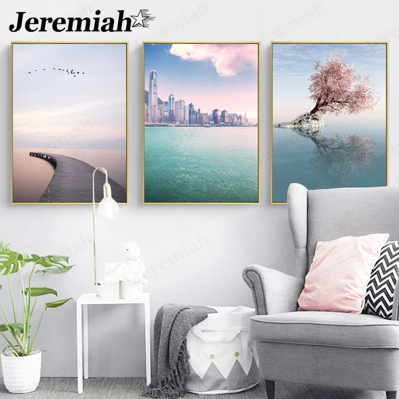 

Nordic Landscape Canvas Poster Decoration Simple City Lake Painting Wall Art Modern Home Room Decoration