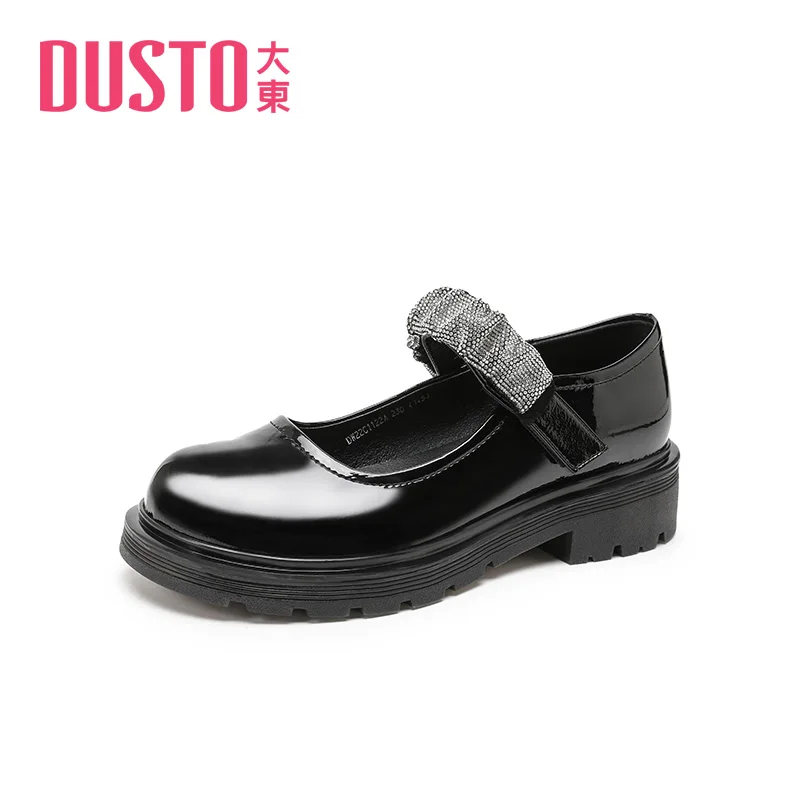 

Dusto 2022 new spring simple round head middle heel Rhinestone thick heel small leather shoes women's shoes