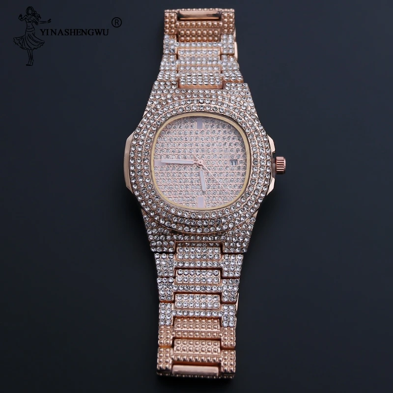 

Mens Watches Hip Hop Punk Bling 1 Row Rhinestone Tennis Chain & Watch 1 Set Silver Gold Rose Gold Color Necklace For Men Women
