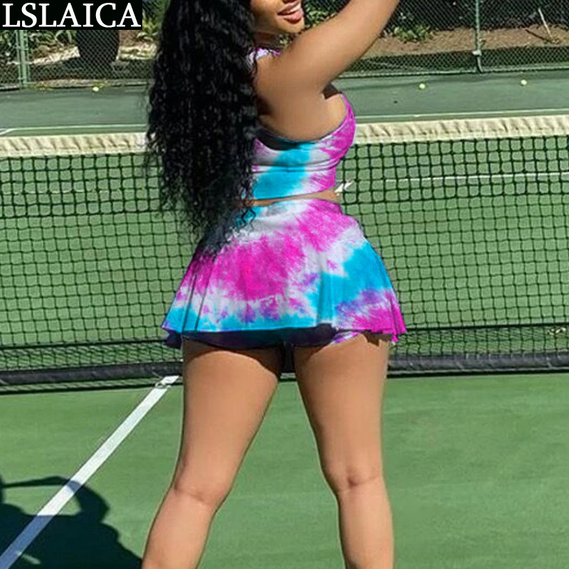 

Women's Fashion Clothes Casual Sexy Tie-dye Nightclub Style Slim Sports Vest Two-piece Suit Sleeveless O-Neck Conjuntos De Mujer