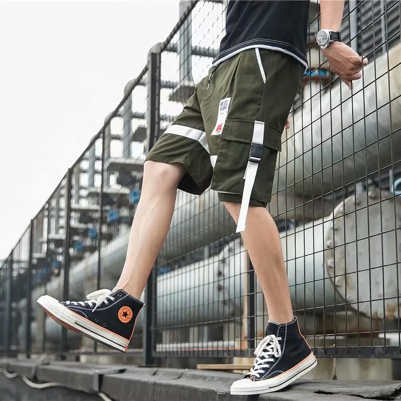 

Mix Color Summer Shorts for Men Black White Cargo Pants Shorts Men Fashion Casual Stylish Pockets Ribbons Hip Hop Streetwear