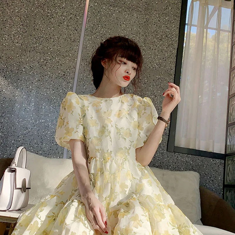 

XITAO Flower Puff Sleeve Pullover Dress 2021 Summer Fashion Refreshing New Sweet Style Big Hem Mid-length Women Dress WMD0474