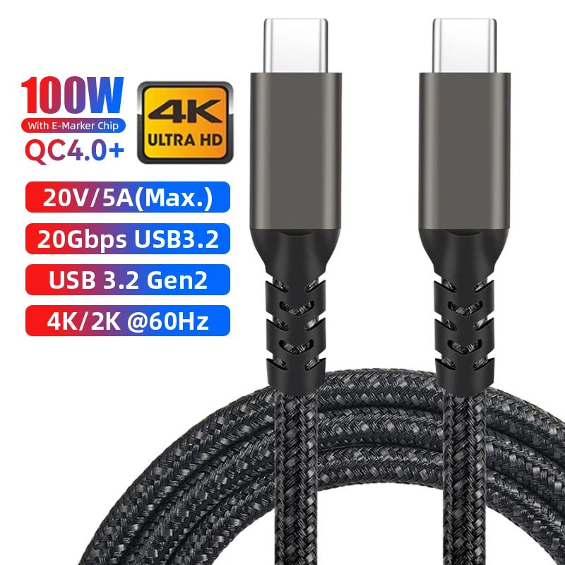 

USB C кабель PD 100 Вт, 20 Гбит/с, USB Type C 3,2 Gen2 кабель для телефона Macbook Pro/Air DELL Xiaomi 20 В/5A 4K @ 60 Гц, кабели для быстрой зарядки 2 м