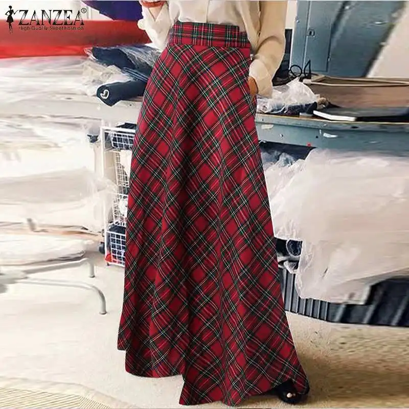 

Holiday Robe Oversize 2022 Fashion Gri Printed Skirt Women Elegant Checked Zipper Jupe Sundress ZANZEA Party Plaid Kaftan Female