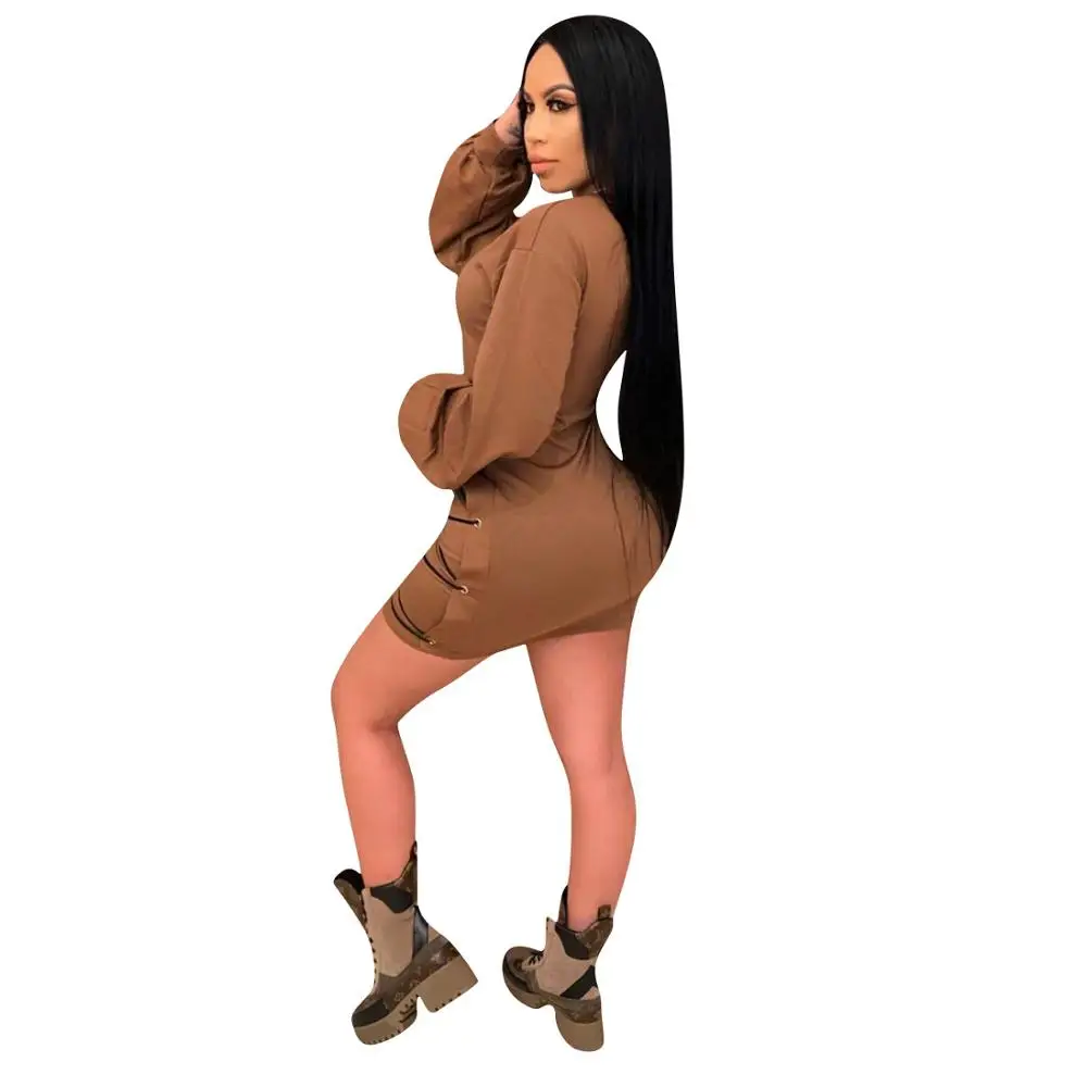 

Autumn Hot Selling Women Casual Dresses Solid O-neck Lantern Sleeve Drawstring Bodycon Mini Dress For Nightclub Party