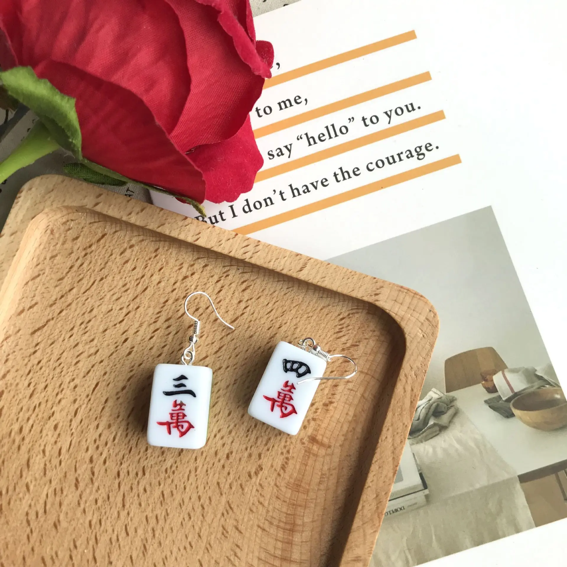 

Creative Christmas S925 Funny Jewellry Attractive Hand-made Chinese Mahjong Pattern Drop Earrings Soft Sister Style for Girls