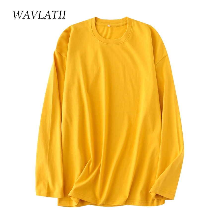 WAVLATII, nuevas camisetas amarillas de manga larga para mujer, 100% de algodón para primavera y otoño, camisetas verdes para mujer, camisetas básicas en blanco y negro WLT2118, blanco, WLT2118