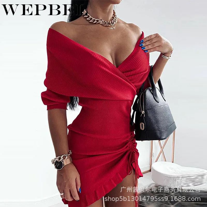 

Женское весенне-осеннее трикотажное облегающее платье WEPBEL с глубоким V-образным вырезом, элегантное асимметричное платье с открытыми плеча...