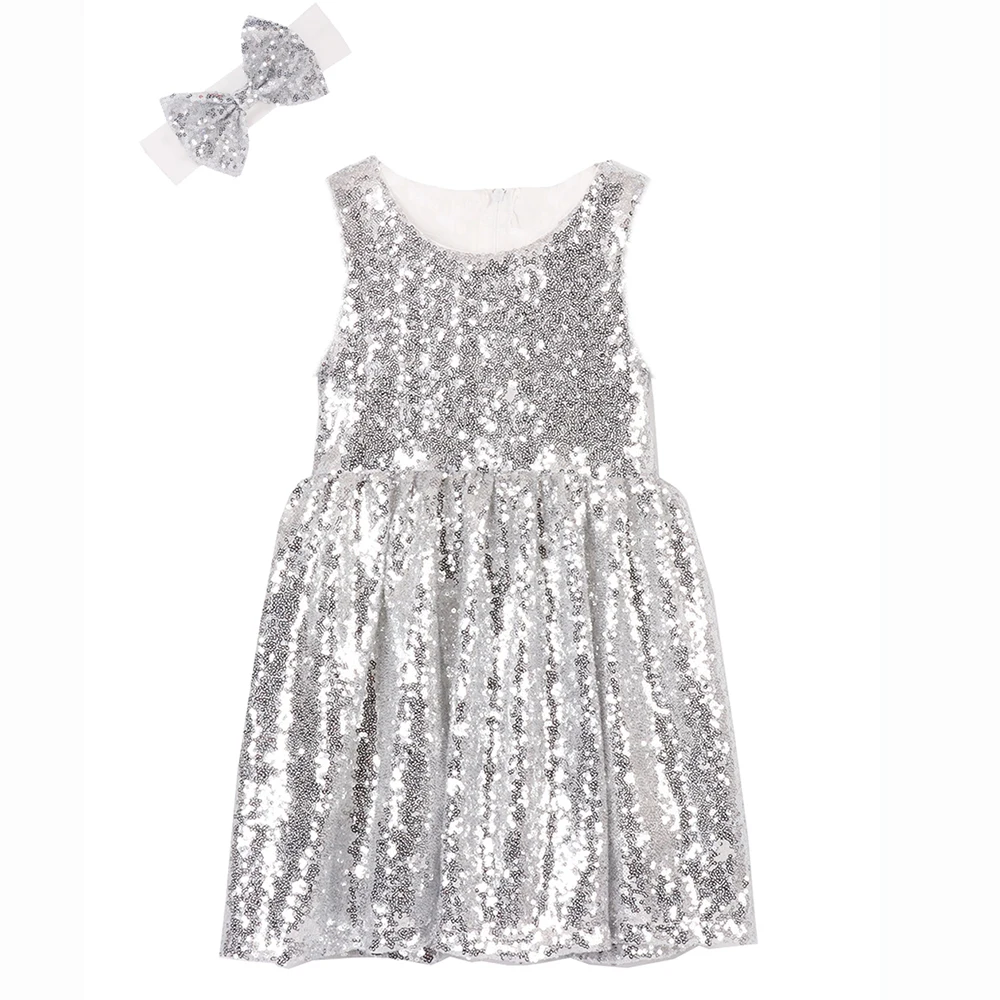 Детское блестящее платье с блестками для девочек серебристое без рукавов