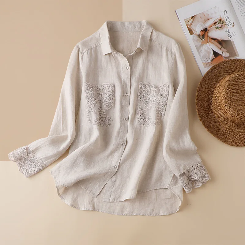 

Linen Patchwork Lace Long-Sleeved Shirt Women's Autumn New Shirt Turn-down Collar Prairie Chic Young Style Long Sleeve Blouse