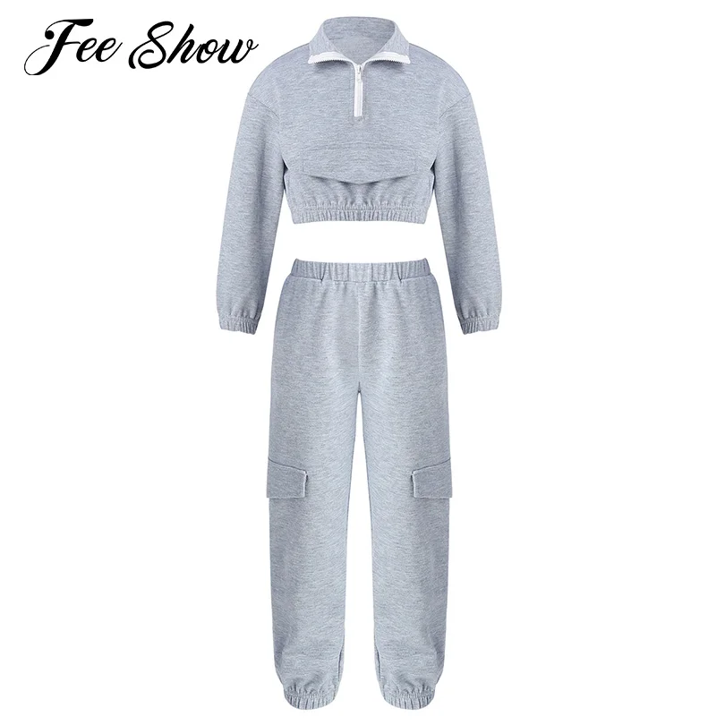 

Спортивный костюм для девочек, однотонный комплект из укороченного топа на молнии спереди, с длинными рукавами и эластичным поясом, для спо...