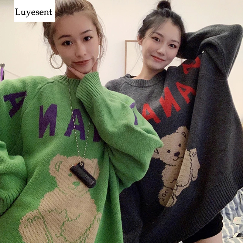 Зеленый серый женский пуловер с милым медведем свитер 2020 милыми мультяшными