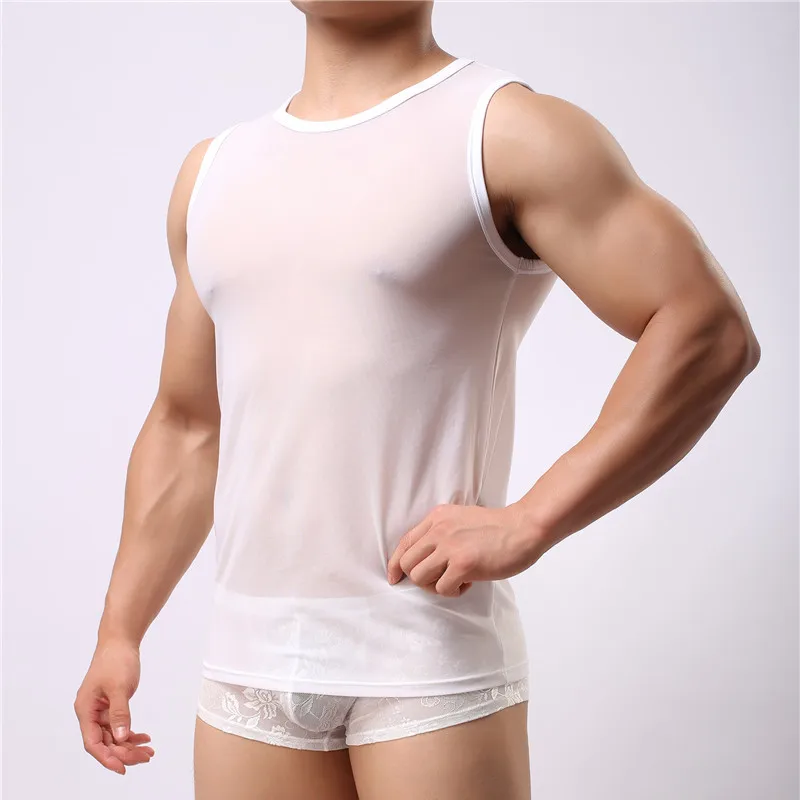 Sexy Mens Undershirts Mesh Transparent T-Shirt Singlets Fitness Sleeveless Tops Tee Sleepwear Underwear Camiseta Shirts