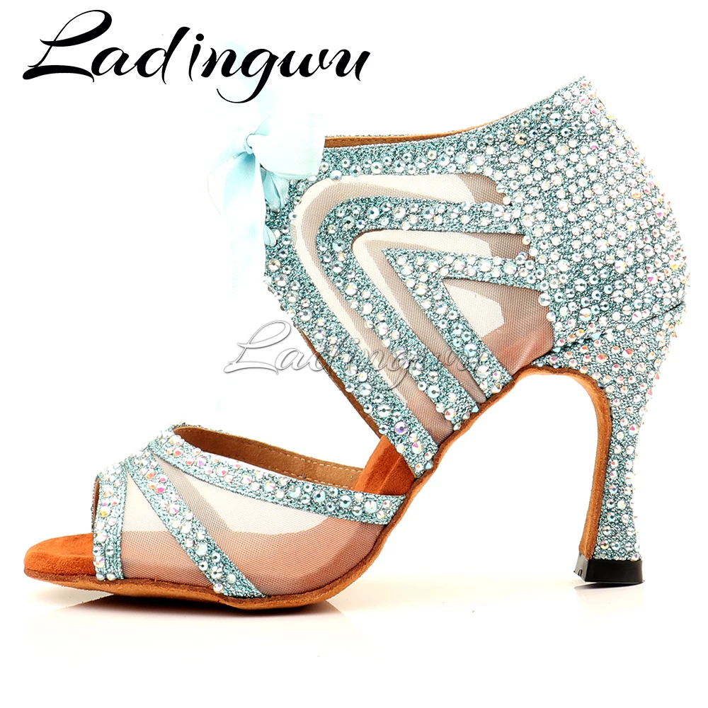 Ladingwu Dance Shoes Women Latin Glitter and Mesh Ballroom Dance Boots for Girls Salsa Dance Shoes Rhinestone Blue Red Black