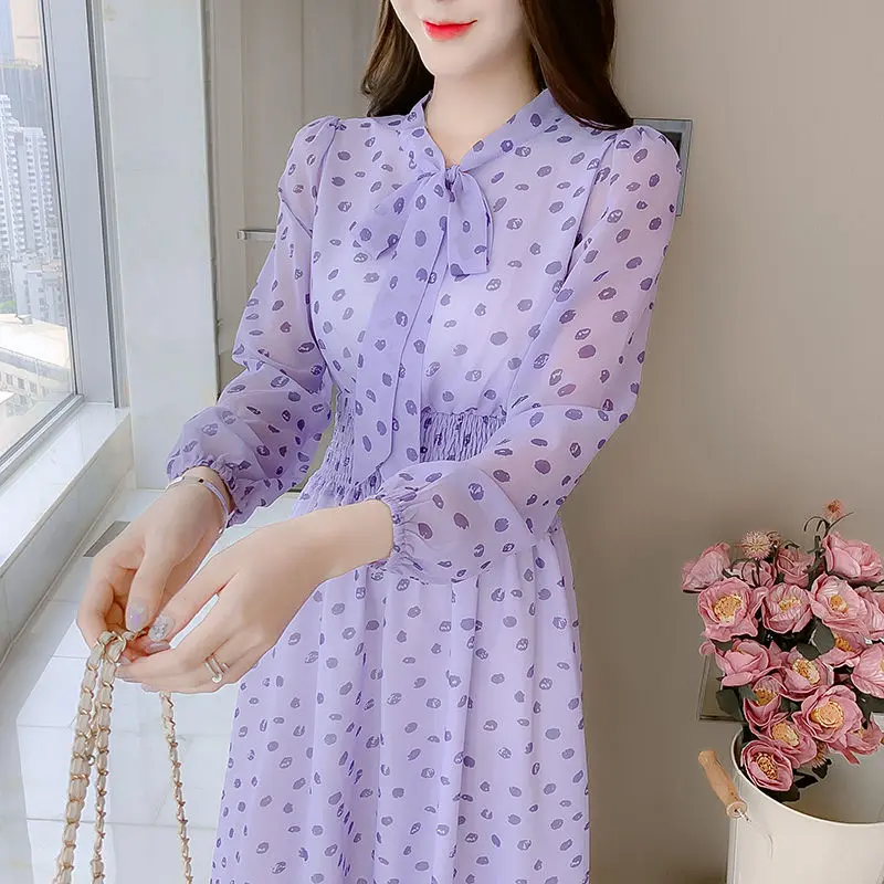 2022 Spring Autumn Korean Women Floral Chiffon Dress Femme Robe Long Sleeve Fashion Bow Vintage Dresses Casual Clothing Y406