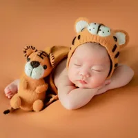 ❤️CYMMHCM Newborn Photography Props Cute Tiger Hat+Doll 2Pcs/set Baby Photo Accessories Studio Infant Shoot Crochet Knitted Cap