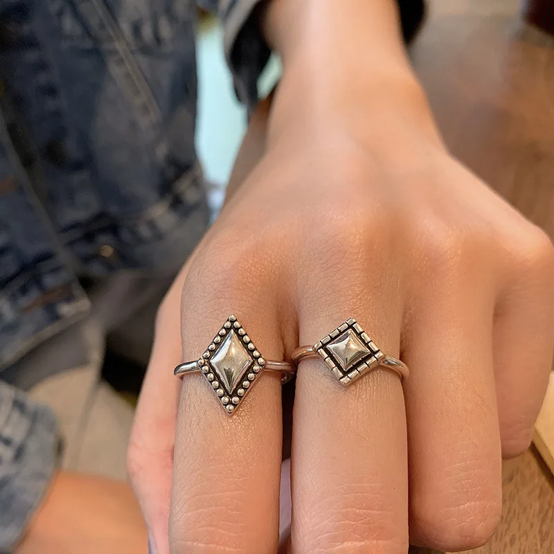 

POPACC 925 Sterling Silver Geometric Rhombus Rings for Women Men Open Thai Silver Ring Party Jewelry Gifts Wholesale