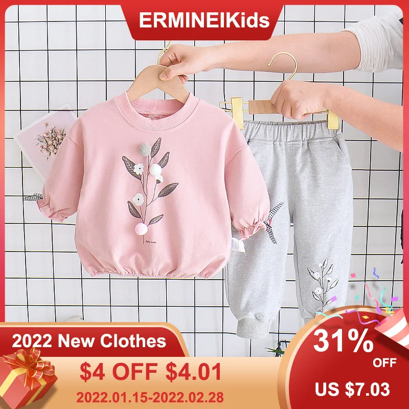  2022 весна-осень, новый комплект детской одежды из 2 предметов, свитер с длинными рукавами и круглым вырезом с милым рисунком, длинные шта…