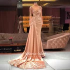 Женское вечернее платье с длинным рукавом, розовое золотистое платье-русалка в арабском стиле, роскошное мусульманское официальное платье с бусинами в Дубае для свадебной вечеринки