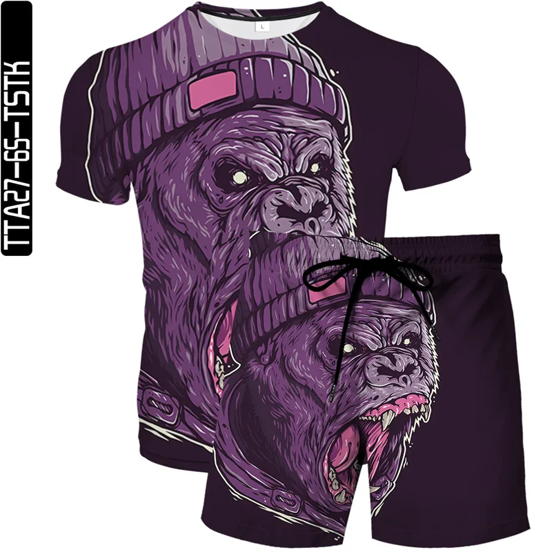 

Summer new men's 3D printed skull T-shirt + beach pants 2-piece set of horror elements Gothic street is essential for boys