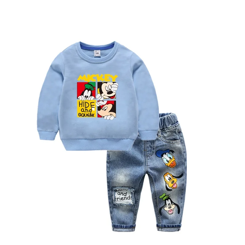 Light blue Одежда с Микки Маусом для маленьких мальчиков осенний свитер и джинсы с принтом модный детский комплект одежды, костюм с героями мультфильмов для маленьких девочек комплект из 2 предметов 2-6Y - Цвет: Light blue