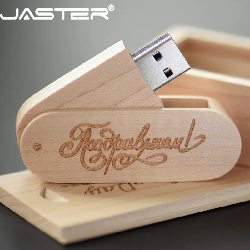 

JASTER (over 1 PCS free LOGO) Wooden USB 2.0 Flash Drive pendrive 8GB 16GB 32GB 64GB Rotation usb+ box memory Stick photography
