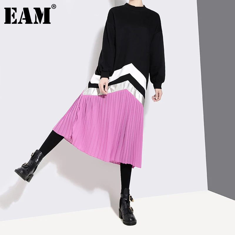 

[EAM] Women Stiped Pleated Long Black Big Size Dress New Round Neck Long Sleeve Loose Fit Fashion Spring Autumn 2022 1DE4961