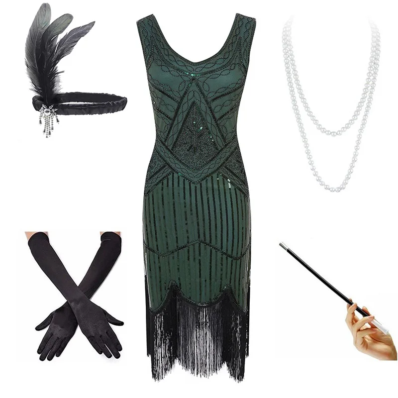 Plus Size 4XL Women's Flapper Dresses 1920s Sequin Beaded Fringed Great Gatsby Dress w/Accessories Set XS-XXXXL