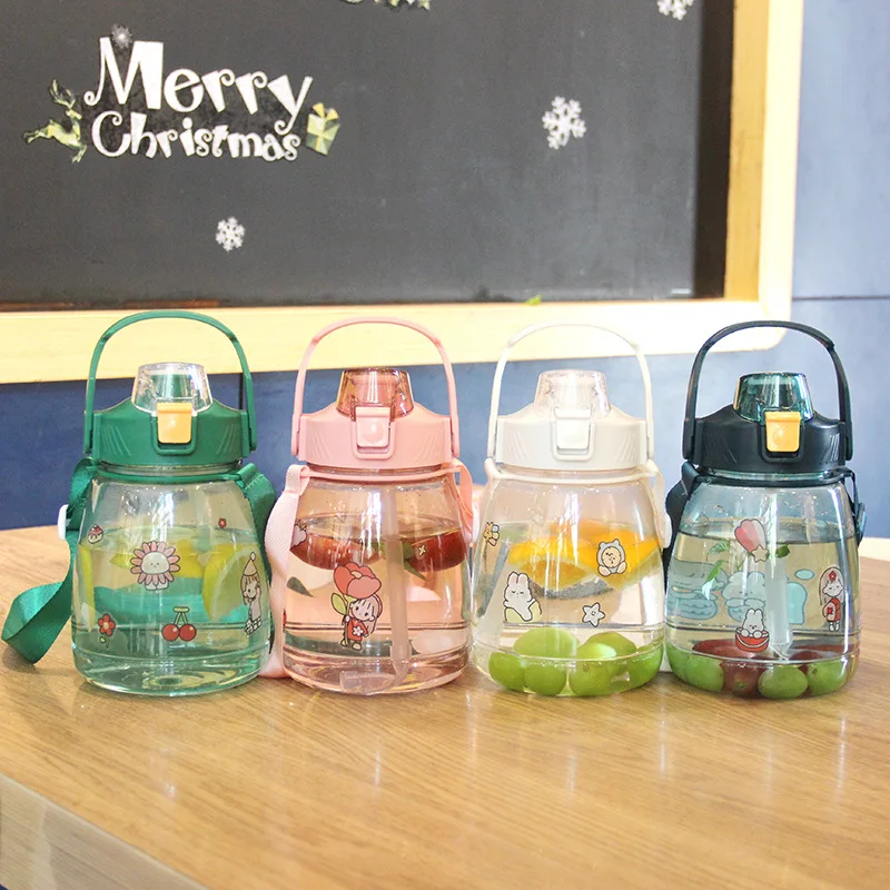 

New Straw Water Bottles With Stickers 1300ml Cute Big Belly Bottle For Water Cup Flip Top Lid Clear Drinkware Gym Sports Kettle