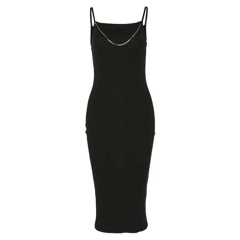 

Knitted Metal Chain Bodycon Midi Dresses Women Black High Waist Sleeveless Street Casual Wild Long Leisure Dresses Femme