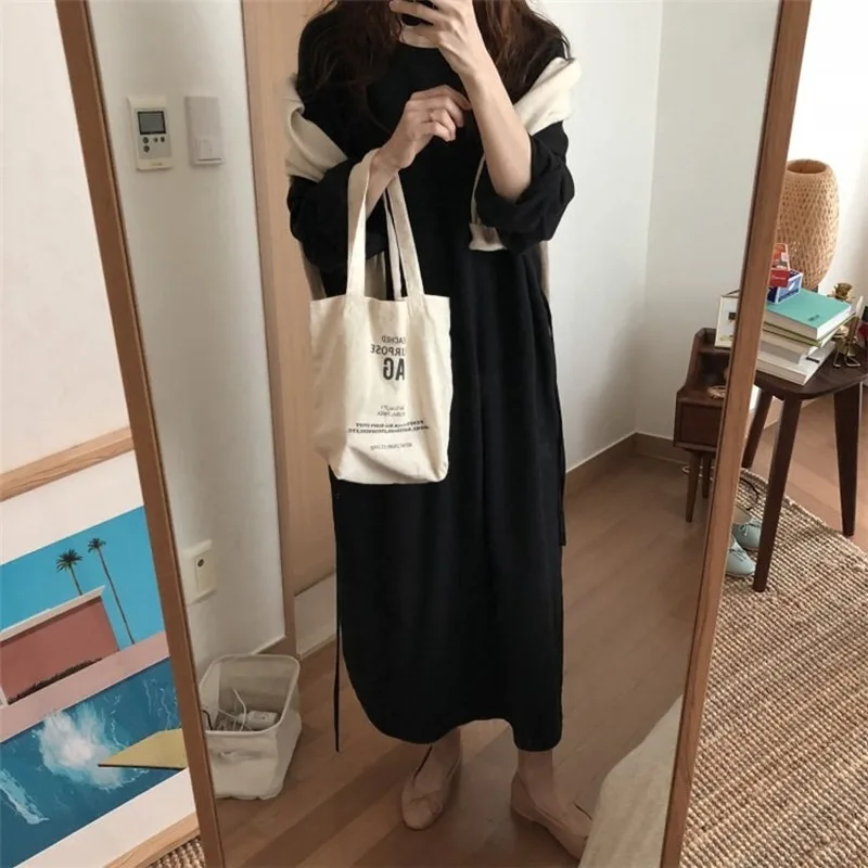 

Chic Korean early autumn Pullover skirt Temperament commuting 2020 lazy casual feel Socket belt loose long cotton linen dress