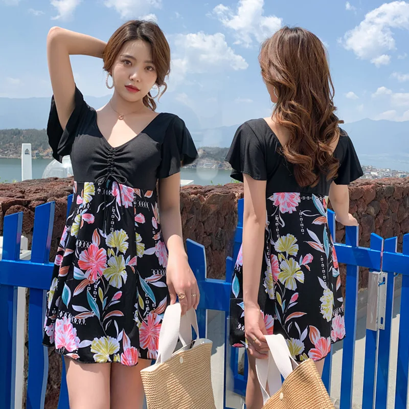 

Fashion Patchwork Short Sleeved Sunblock Swimsuit Super Thin One-piece Sexy Swimsuit Bubble Hot Spring Surfing Beach Swimwears