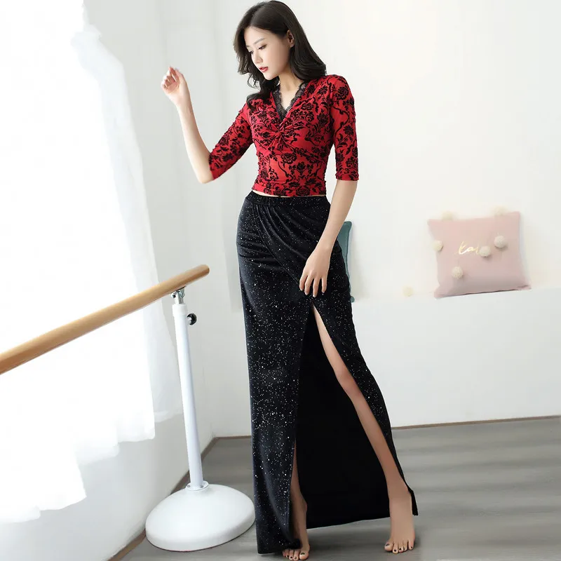 

Женская одежда для занятий танцами живота, Женский сексуальный новый осенний/Зимний комплект, Восточное бархатное длинное платье с v-образн...