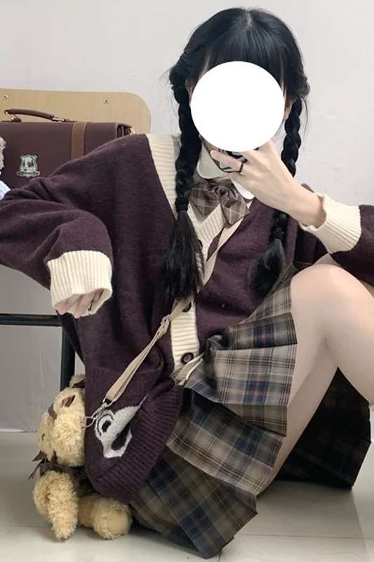 

Japanese College Style Loose Contrast Color Cute Bear Pocket V-neck Thickening Lazy Sweater Coat Autumn and Winter Women