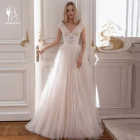 charming wedding dresses 2021 elegant v neck cap sleeve lace appliques tulle a line sweep train bridal gowns robe de mari%c3%a9e