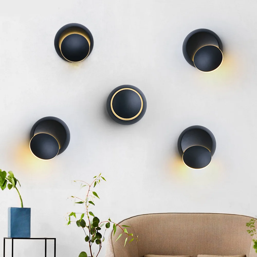

90-260V LED Wall Lamp 360 Degree Rotation Adjustable Bedside Light Innovative Wall Lamp Aisle Round Lamp Black modern