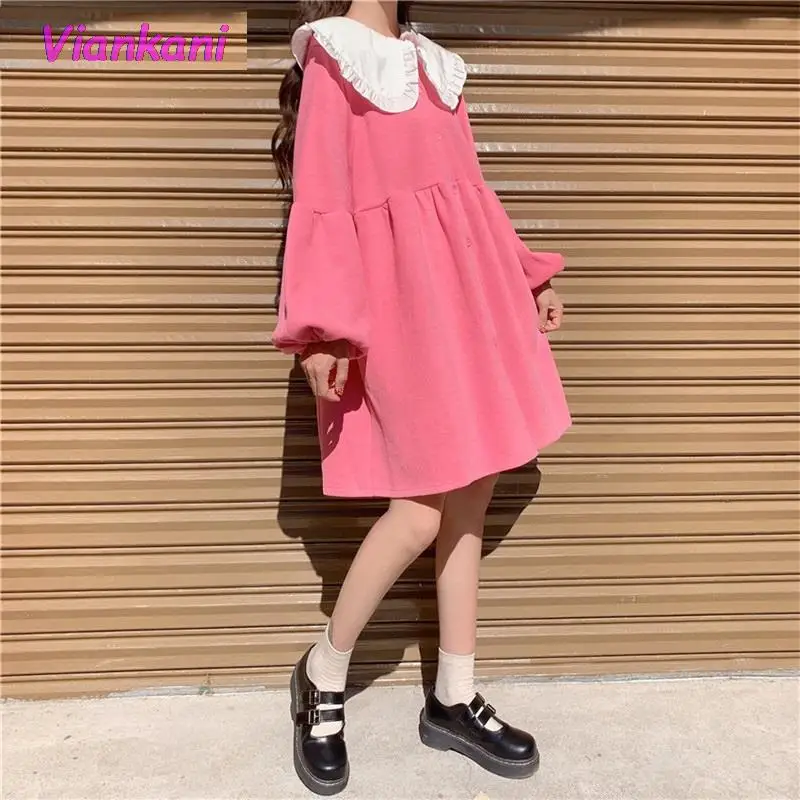 

Женское мини-платье в японском стиле преппи с воротником «Питер Пэн», розовое желтое платье-рубашка большого размера, милые платья с рукава...