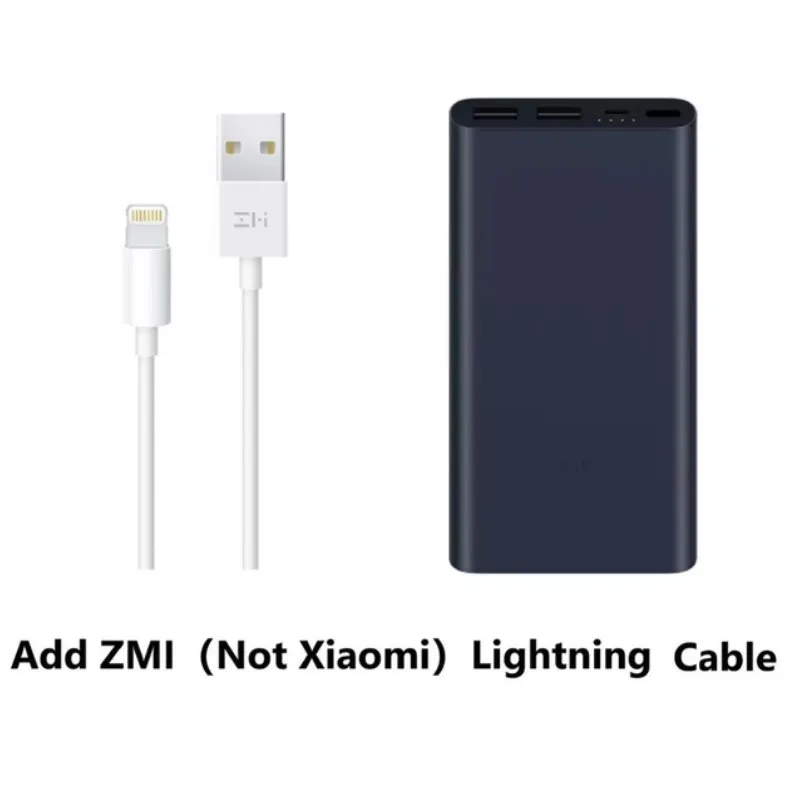 Add Lightning Cable 10000 мАч Xiaomi Mi внешний аккумулятор 2 внешних аккумулятора 15 Вт Быстрая Зарядка Внешний аккумулятор 10000 PLM09ZM с двойным USB выходом для телефона - Цвет: Add Lightning Cable