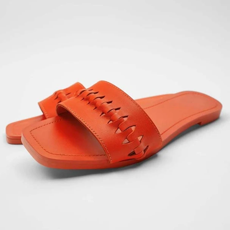 

Flat Shoes Female Square Toe PU Ladies' Slippers Slipers Women 2021 Soft Fretwork Scandals Slides Basic Casual Microfiber Rubber